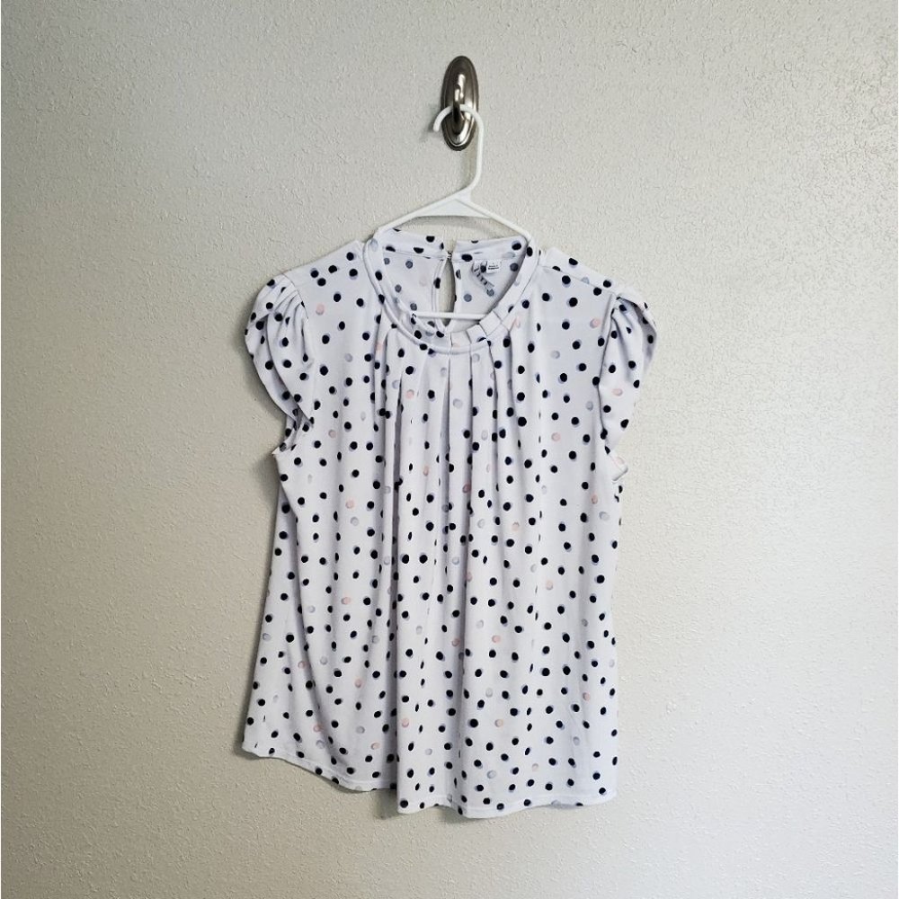 Polka Dot Short Sleeve Blouse with Pleating